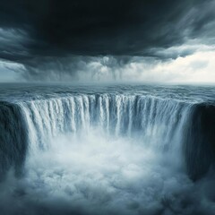 Waterfall in stormy weather, dark clouds and turbulent water, 3D illustration