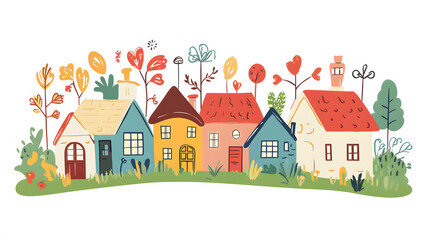 Naklejka premium A vibrant illustration depicting a quaint village with charming houses and lush greenery, evoking a sense of community and peaceful rural living