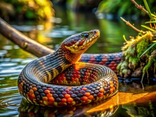 Obraz premium Close-Up of a Water Moccasin Snake Coiled on a Branch in Its Natural Habitat Near Water Source