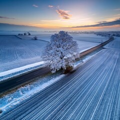 Aerial Panorama: Winter Wonderland Over Snow-Covered Trees in Countryside