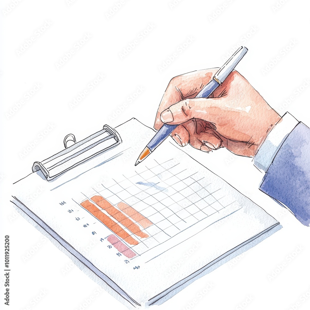 Poster a hand with a pen is writing on a clipboard that displays a colorful graph and chart, indicating dat