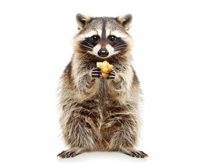 Obraz premium Chunky Raccoon Standing with Food in Tiny Paws on White Background