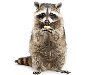 Fototapeta premium Chunky Raccoon Holding Food on White Background Isolated
