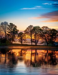 Romantic Evening Reflections on the Lake at Sunset