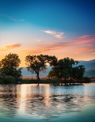 Tranquil Sunset Over the Lake with Trees and Blue Sky