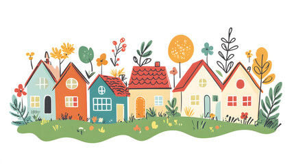 Fototapeta premium A vibrant illustration depicting a quaint village with charming houses and lush greenery, evoking a sense of community and peaceful rural living