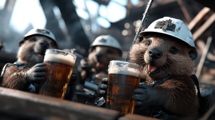 Three otters wearing construction helmets raise their glasses in a jubilant toast, bringing an artistic blend of nature and festive celebration to life.