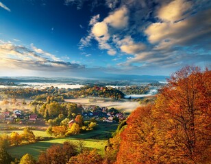 Beautiful Landscape with Trees and Clouds in Autumn, Majestic Natural View