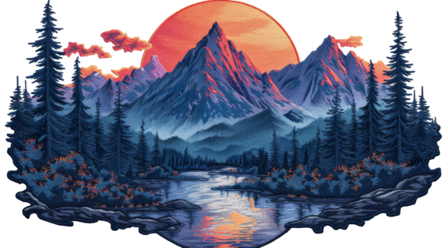 A detailed embroidered patch featuring a mountain design, cut out and isolated on PNG format. Ideal for, bags, or outdoor gear, this patch highlights adventure, nature, and the great outdoors.