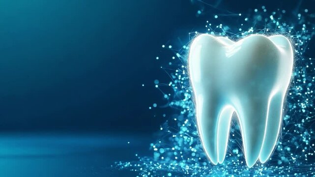 A luminous tooth is encircled by glowing particles, representing the fusion of dental health and modern technology in a futuristic atmosphere