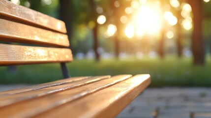 A beautifully empty park bench during the golden hour, capturing the essence of tranquility and relaxation as the sun sets behind surrounding nature.