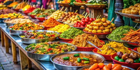 Obraz premium Colorful Street Food Stall with Delicious Dishes and Fresh Ingredients on Display in a Market Setting