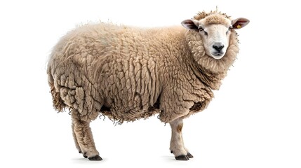 Chunky Fluffy Sheep Standing With Fluffed Out Wool Isolated on White Background
