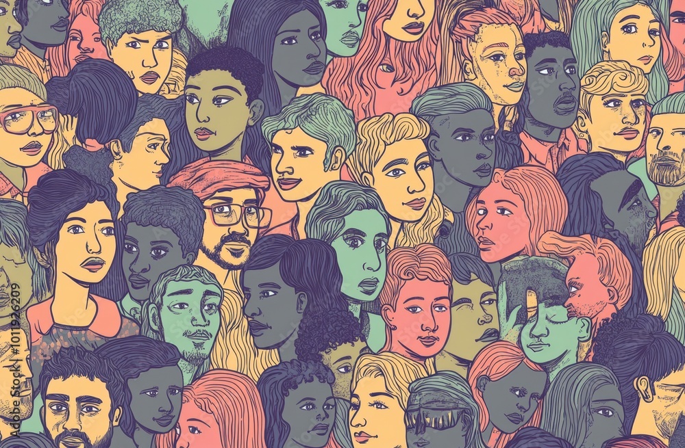 Poster a crowd of people from diverse backgrounds and ages, each with their own unique facial features and 