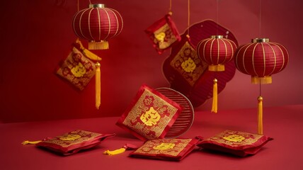 Festive red decorations featuring traditional lanterns and auspicious pouches