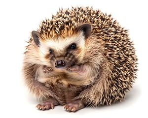 Fototapeta premium Chubby Hedgehog Curled Into a Ball Spikes Barely Visible Under Round Belly Isolated on White Background