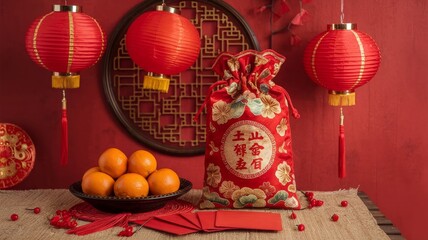 A festive arrangement featuring red lanterns, a decorative bag, and oranges, symbolizing good luck and prosperity