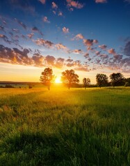 Colorful Sunset Sky Over Green Field and Grass With Silhouette in Evening Wild Landscape