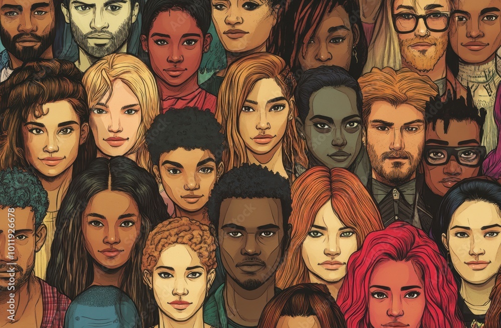Poster a vibrant and diverse crowd of people from various backgrounds, showcasing the diversity in society 