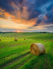 Gorgeous Sunset Sky Over Green Field With Haystacks in Evening Wild Landscape