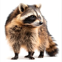 Naklejka premium Chunky Raccoon Dog Standing Alert with Fluffy Tail Curled on White Background