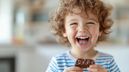 Naklejka premium A cheerful child with curly hair enthusiastically holds a chocolate bar, showcasing pure delight and innocence in a bright and lively setting.