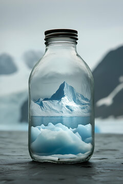 a surreal glacier encased in a bottle with a stunning Antarctic landscape as the backdrop. Generative AI