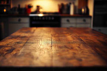 rustic wooden tabletop with a blurred kitchen background illuminated by warm ambient light. Generative AI