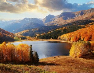 Majestic Autumn Landscape with Lake, Mountains, and Forests