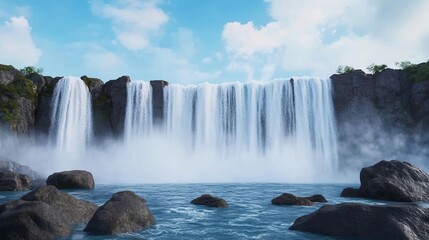 Obraz premium Waterfall with jagged rocks, rushing water and fine mist, 3D illustration