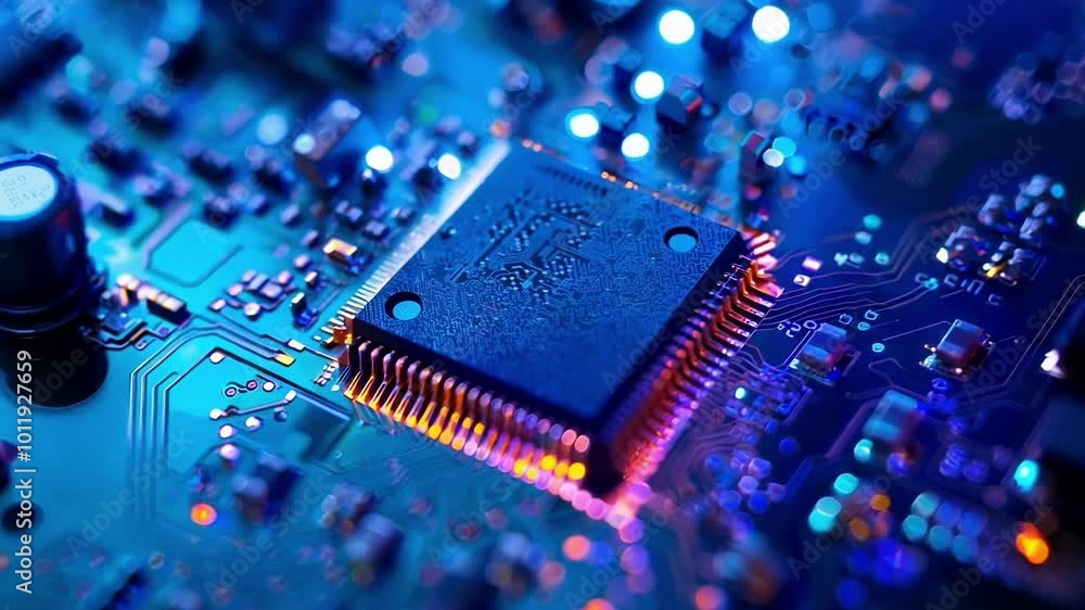 Poster close up view of a modern printed circuit board, illuminated with colorful lights, showcasing the in