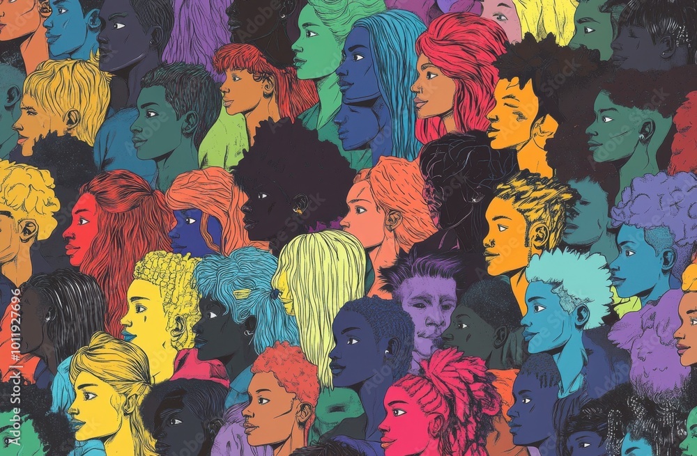 Poster a crowd of diverse people, each with their own unique face and hair color, standing together in unit