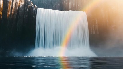 Waterfall with rainbow in mist, sunlight and vibrant colors, 3D illustration
