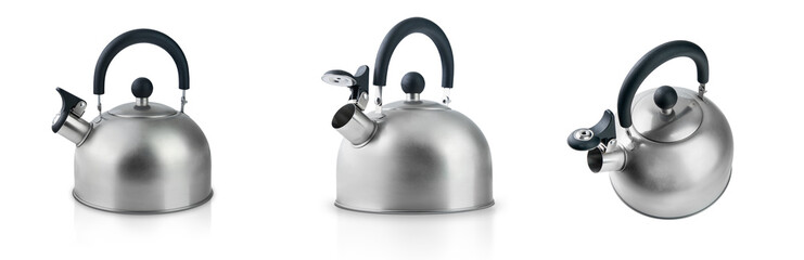 Kettle or teapot. Set of kettle or teapot steel or metal isolated on white background with clipping...