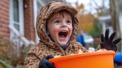 A cheerful child in a detailed dinosaur outfit excitedly holds a large orange bucket brimming with Halloween candies, perfectly depicting holiday joy and festivity.