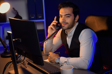 Smart businessman calling partner or investor on phone desk office, discussing on target market...