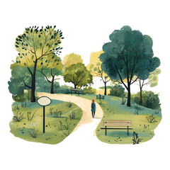 Illustration of a Peaceful Park with a Path and Benches Surrounded by Trees, Cutout, Isolated on Transparent PNG/White 