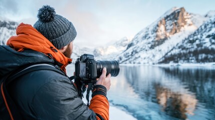 An artillery photographer is determined on shooting an enchanting frozen landscape using a professional camera, showcasing his passion amid icy surroundings.