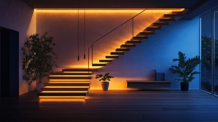 Illuminated Staircase in Large House - AI Generated