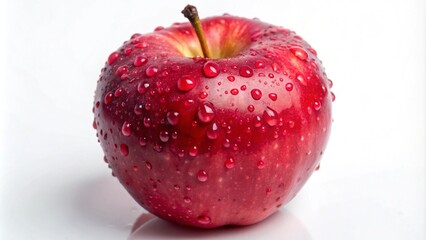 A single, red apple with water droplets on a white background.