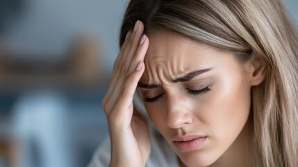 Fototapeta premium A young woman with long hair concentrates deeply, resting her fingers on her temples, portraying a moment of focus or mild distress while pondering.