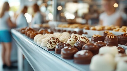 A diverse selection of gourmet chocolates elegantly displayed in store, capturing the essence of indulgence, sophistication, and artisan crafting in a modern setting.