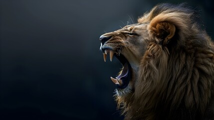 Fototapeta premium Fierce and Powerful Lion Roaring With Wide Open Mouth and Flowing Mane