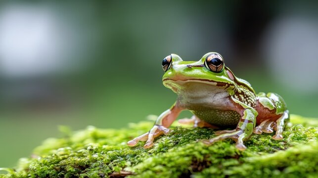 A detailed capture of a shiny-skinned tree frog resting on a mossy log, illustrating its unique texture and lively appearance against a blurred outdoor background.