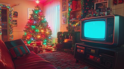 A cozy 90s Christmas living room with a retro TV, VHS tapes, and a decorated tree with tinsel and bright lights, capturing the nostalgic holiday vibe of the era.