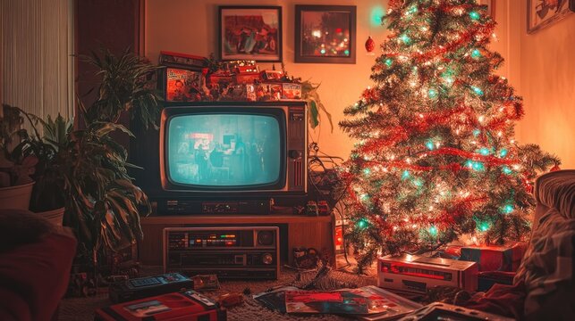 A cozy 90s Christmas living room with a retro TV, VHS tapes, and a decorated tree with tinsel and bright lights, capturing the nostalgic holiday vibe of the era.