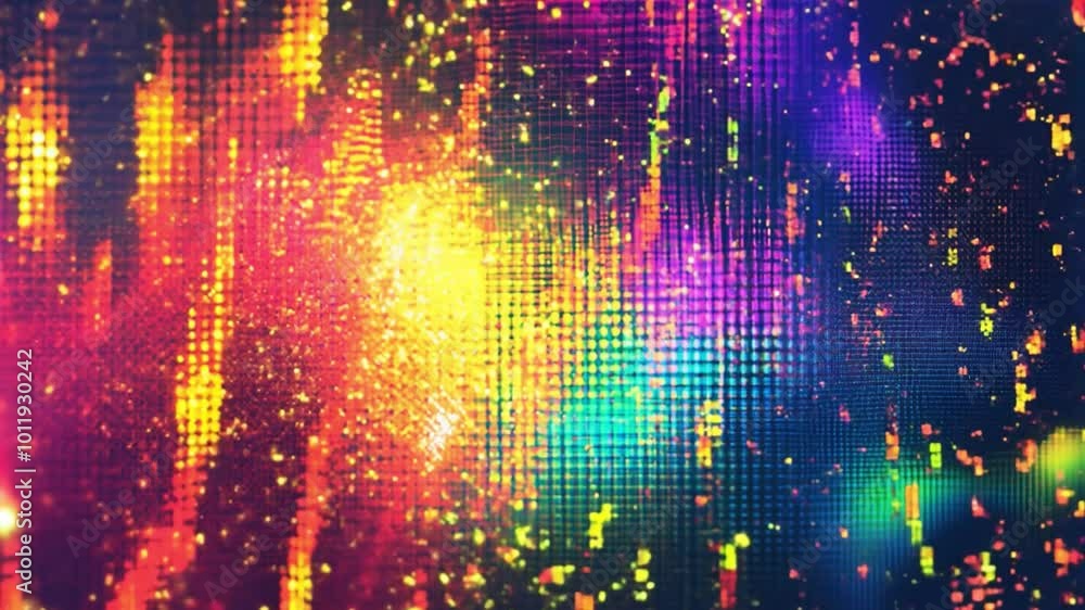 Poster vibrant colors dance across the surface, creating an energetic and festive pixelated backdrop filled