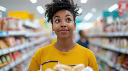 A young woman in a yellow T-shirt stands focused in a grocery aisle, holding a basket. The vivid background hints at a diverse array of shopping choices.