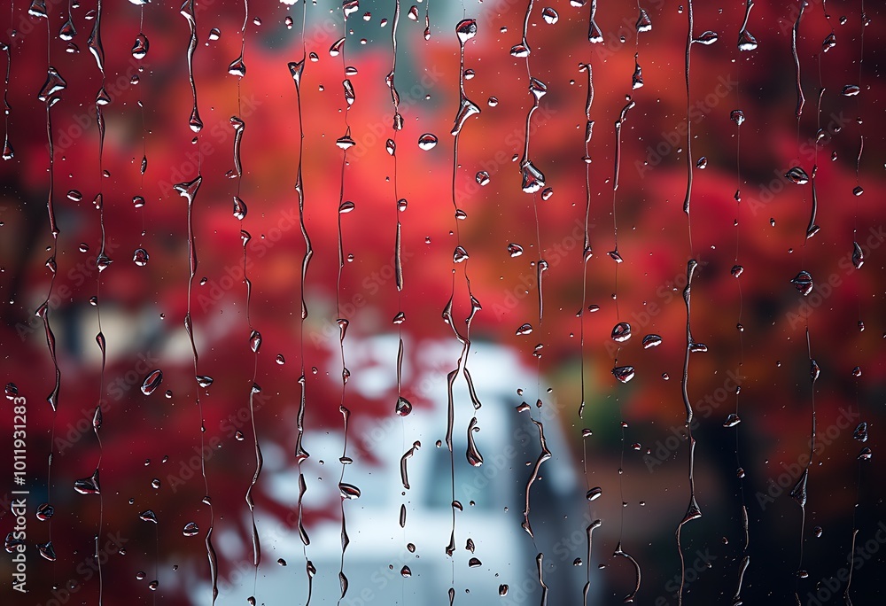 Poster a cozy yet moody image of raindrops streaming down a window, behind which lie blurry autumn trees in