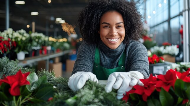 A talented florist wearing an apron and gloves carefully arranges vibrant poinsettias while showcasing a joyful smile, capturing the essence of holiday cheer and dedication.